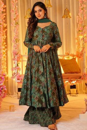Green heavy digital printed maslin anarkali palazzo style