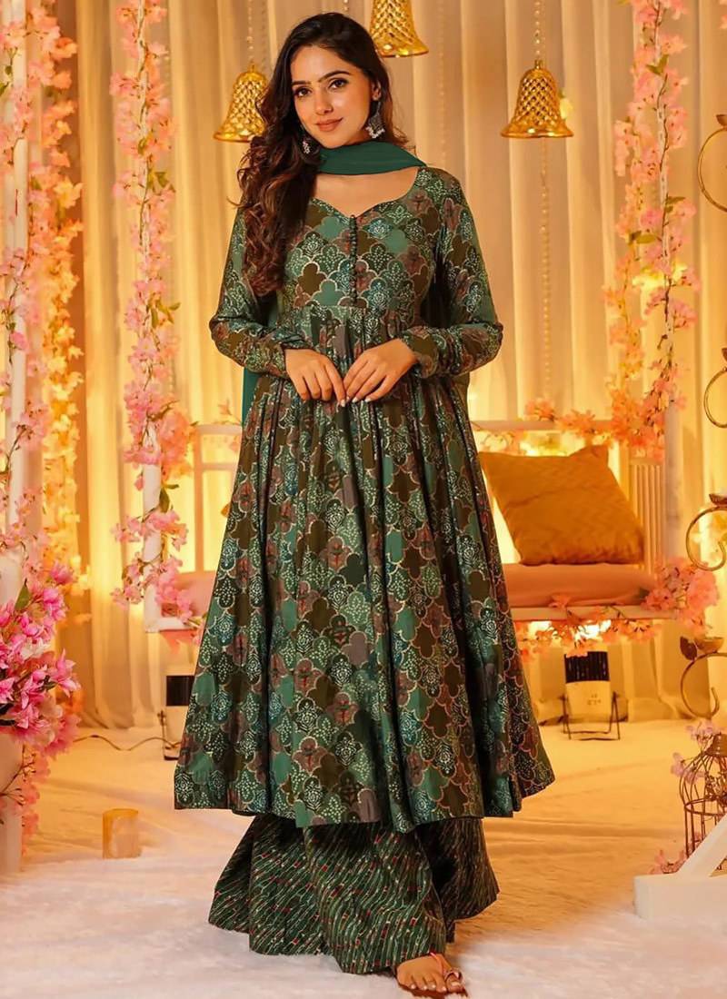 Green heavy digital printed maslin anarkali palazzo style
