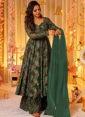 Green heavy digital printed maslin anarkali palazzo style 2