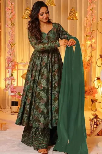 Green heavy digital printed maslin anarkali palazzo style