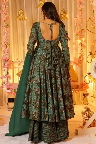 Green heavy digital printed maslin anarkali palazzo style