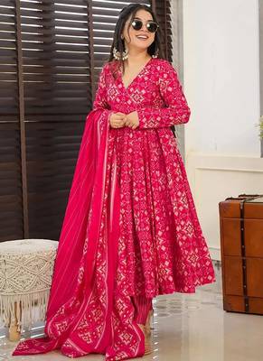 Pink heavy digital printed maslin anarkali style 1