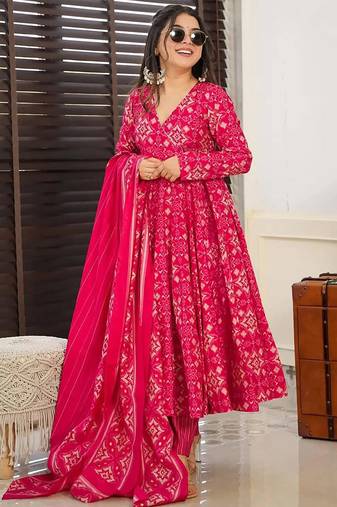 Pink heavy digital printed maslin anarkali style