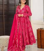 Pink heavy digital printed maslin anarkali style