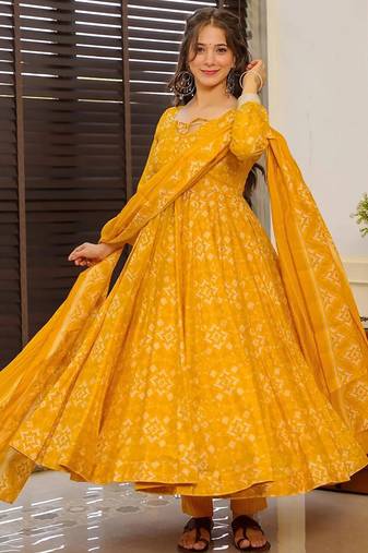 Yellow heavy digital printed maslin anarkali style