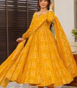 Yellow heavy digital printed maslin anarkali style