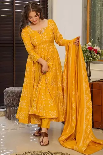Yellow heavy digital printed maslin anarkali style