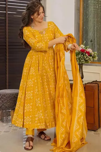Yellow heavy digital printed maslin anarkali style
