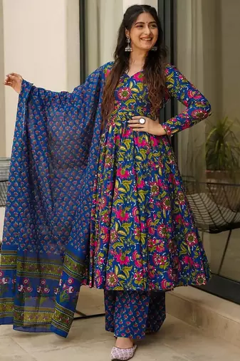Blue heavy digital printed maslin anarkali palazzo style