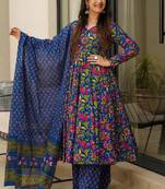 Blue heavy digital printed maslin anarkali palazzo style