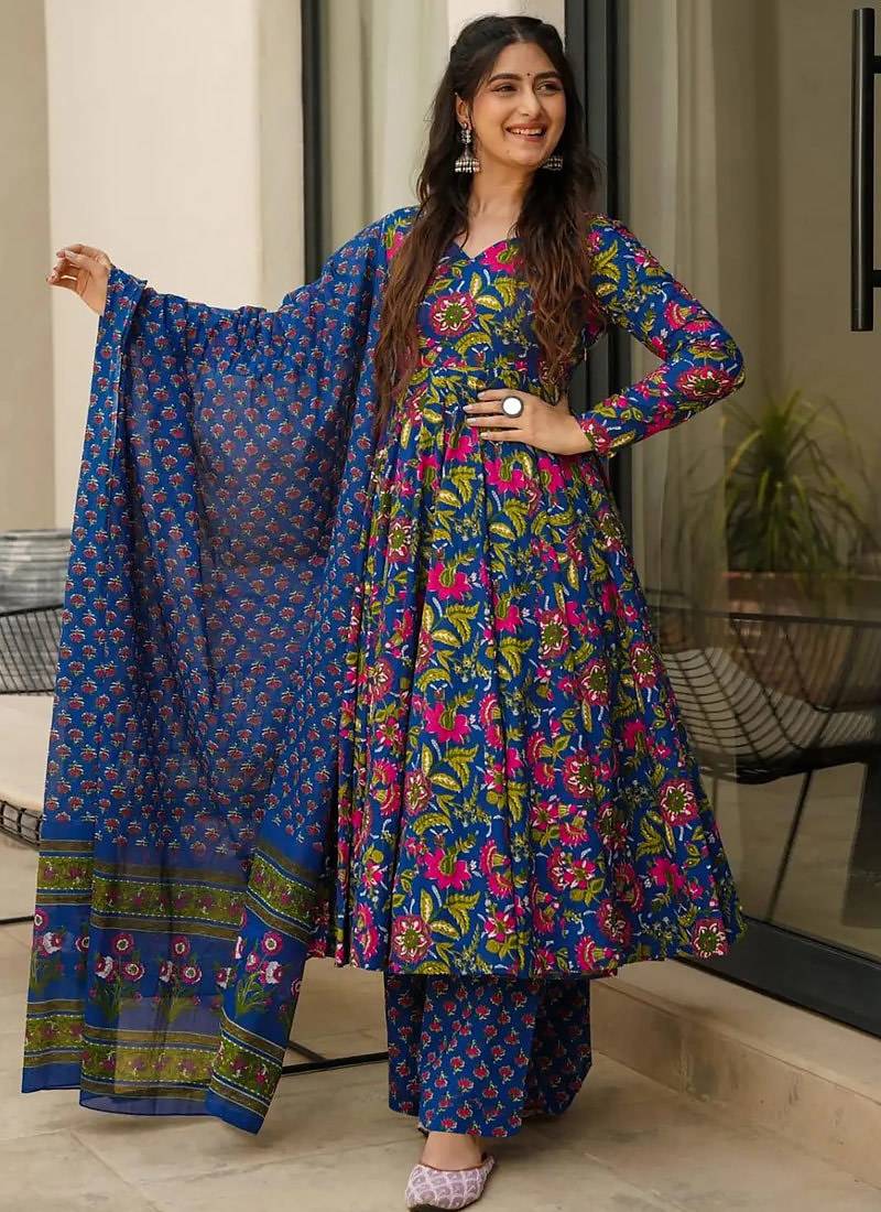 Blue heavy digital printed maslin anarkali palazzo style