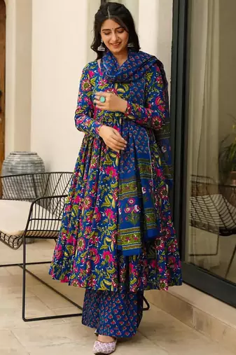 Blue heavy digital printed maslin anarkali palazzo style