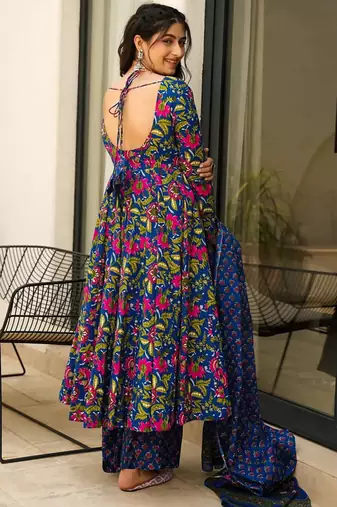 Blue heavy digital printed maslin anarkali palazzo style