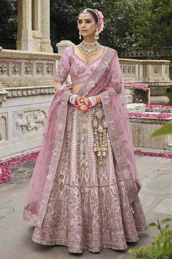 baby pink Premium Silk Bridal Lehenga with Hand Embroidery & Zarkan Work for wedding