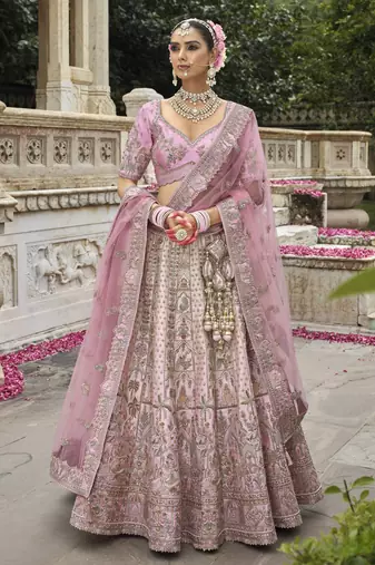 baby pink Premium Silk Bridal Lehenga with Hand Embroidery & Zarkan Work for wedding