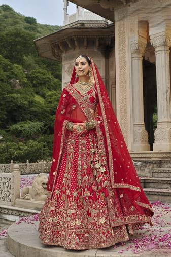 Red Premium Silk Bridal Lehenga with Hand Embroidery & Zarkan Work for wedding