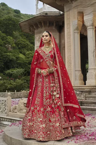 Red Premium Silk Bridal Lehenga with Hand Embroidery & Zarkan Work for wedding