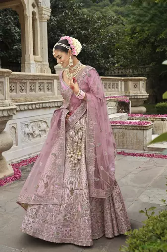 baby pink Premium Silk Bridal Lehenga with Hand Embroidery & Zarkan Work for wedding