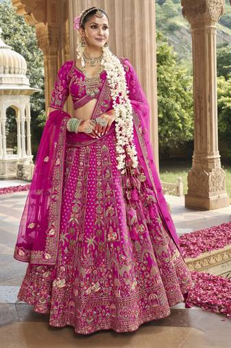 pink Premium Silk Bridal Lehenga with Hand Embroidery & Zarkan Work for wedding