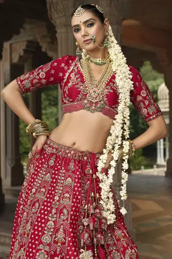 Red Premium Silk Bridal Lehenga with Hand Embroidery & Zarkan Work for wedding
