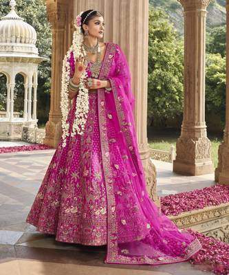 Pink Silk Hand Embroidery & Zarkan Work Bridal Lehenga Choli with Dupatta 2