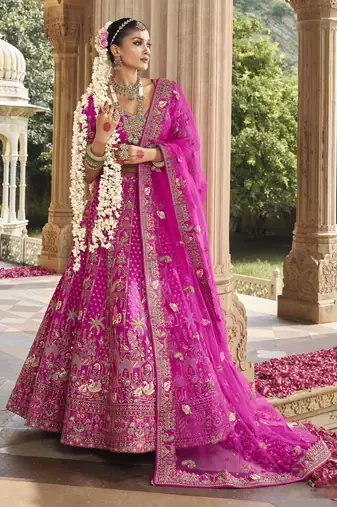 Pink Silk Hand Embroidery & Zarkan Work Bridal Lehenga Choli with Dupatta