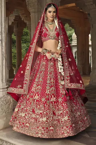Red Premium Silk Bridal Lehenga with Hand Embroidery & Zarkan Work for wedding