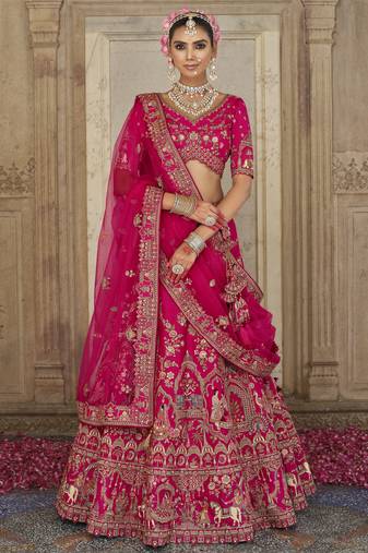 pink Premium Silk Bridal Lehenga with Hand Embroidery & Zarkan Work for wedding