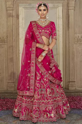 pink Premium Silk Bridal Lehenga with Hand Embroidery & Zarkan Work for wedding
