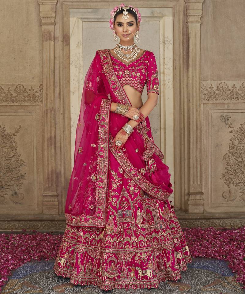 pink Premium Silk Bridal Lehenga with Hand Embroidery & Zarkan Work for wedding