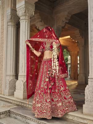Red  Silk Bridal Lehenga with Hand Embroidery & Zarkan Work for wedding 4