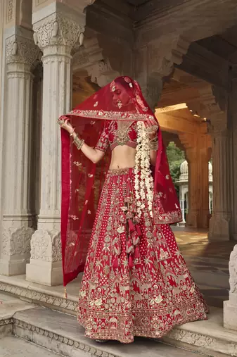 Red Premium Silk Bridal Lehenga with Hand Embroidery & Zarkan Work for wedding