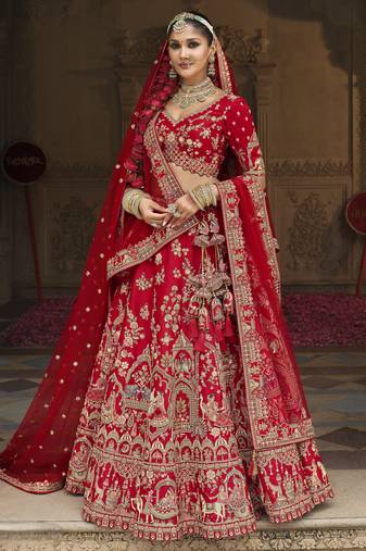 red Premium Silk Bridal Lehenga with Hand Embroidery & Zarkan Work for wedding