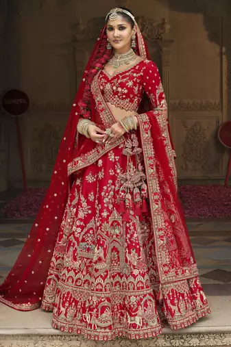 red Premium Silk Bridal Lehenga with Hand Embroidery & Zarkan Work for wedding