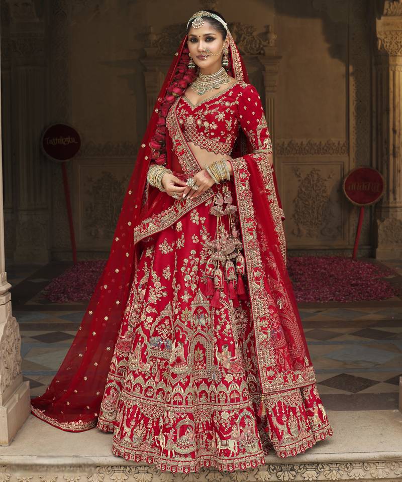 red Premium Silk Bridal Lehenga with Hand Embroidery & Zarkan Work for wedding