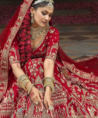 red Premium Silk Bridal Lehenga with Hand Embroidery & Zarkan Work for wedding 2