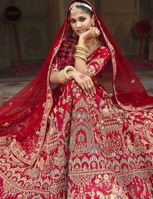 red Premium Silk Bridal Lehenga with Hand Embroidery & Zarkan Work for wedding 3