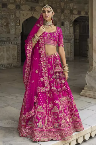 pink Premium Silk Bridal Lehenga with Hand Embroidery & Zarkan Work for wedding