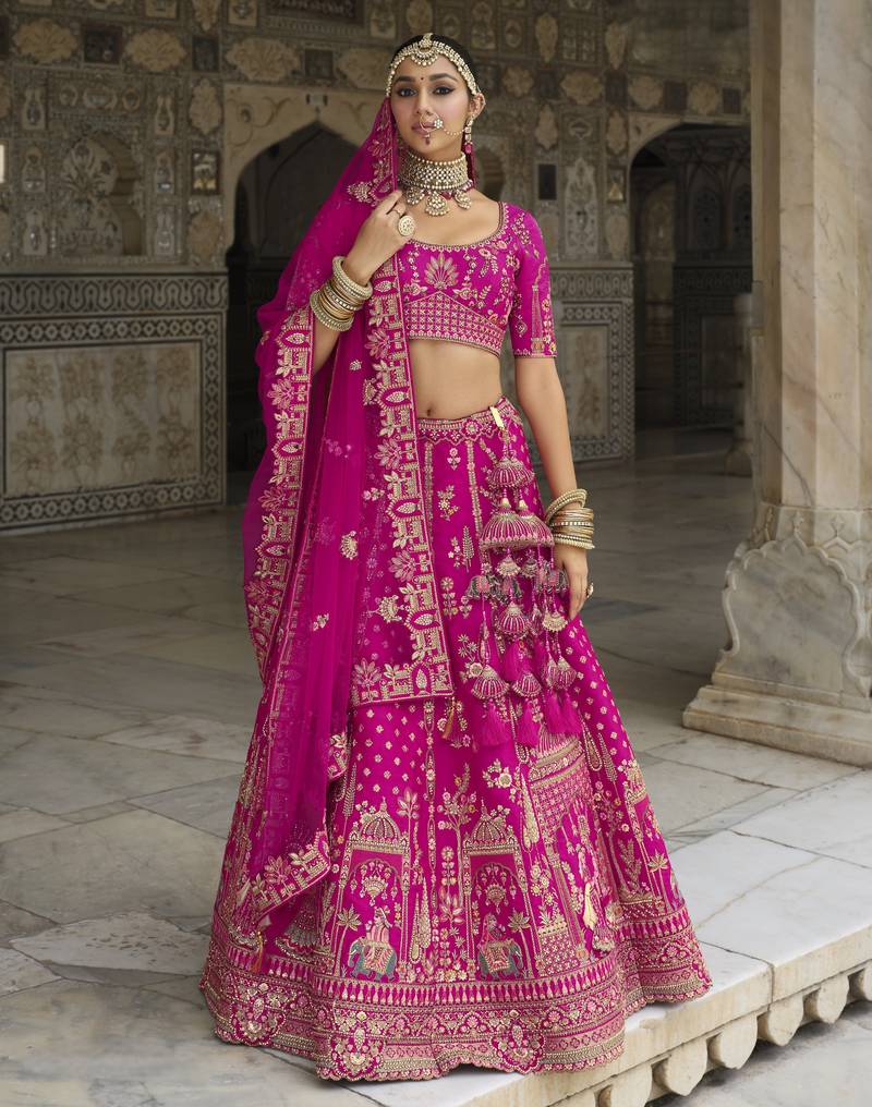 pink Premium Silk Bridal Lehenga with Hand Embroidery & Zarkan Work for wedding