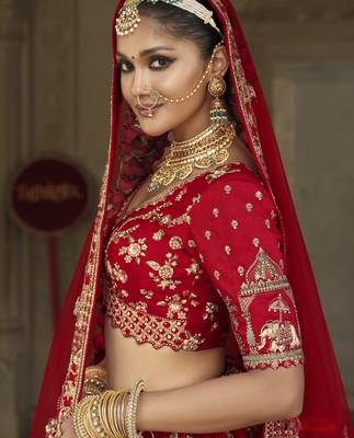 red Premium Silk Bridal Lehenga with Hand Embroidery & Zarkan Work for wedding 4