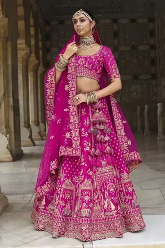 pink Premium Silk Bridal Lehenga with Hand Embroidery & Zarkan Work for wedding