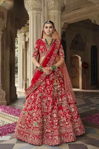 Red Premium Silk Bridal Lehenga with Hand Embroidery & Zarkan Work for wedding