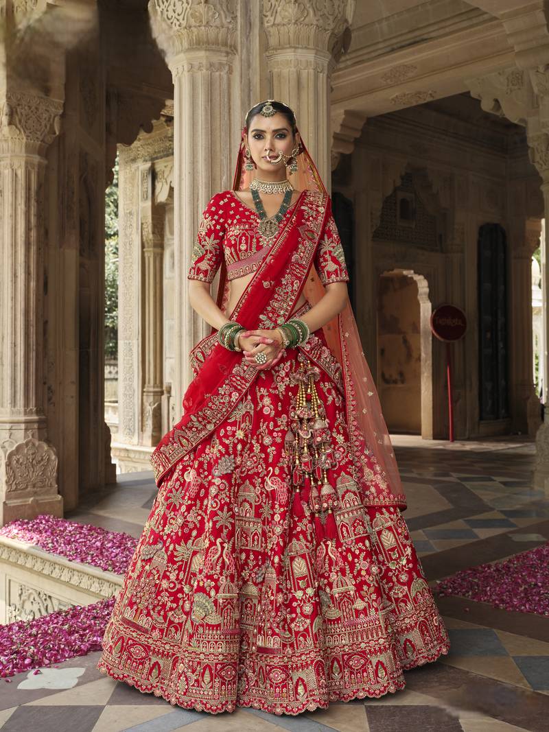 Red Premium Silk Bridal Lehenga with Hand Embroidery & Zarkan Work for wedding
