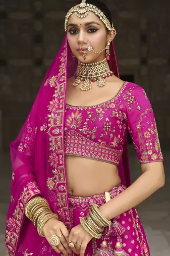 pink Premium Silk Bridal Lehenga with Hand Embroidery & Zarkan Work for wedding