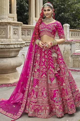 pink Premium Silk Bridal Lehenga with Hand Embroidery & Zarkan Work for wedding
