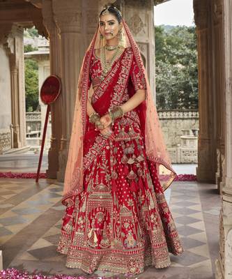 Red Premium Silk Bridal Lehenga with Hand Embroidery & Zarkan Work for wedding 3