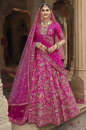 pink Premium Silk Bridal Lehenga with Hand Embroidery & Zarkan Work for wedding