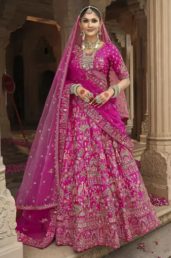 pink Premium Silk Bridal Lehenga with Hand Embroidery & Zarkan Work for wedding