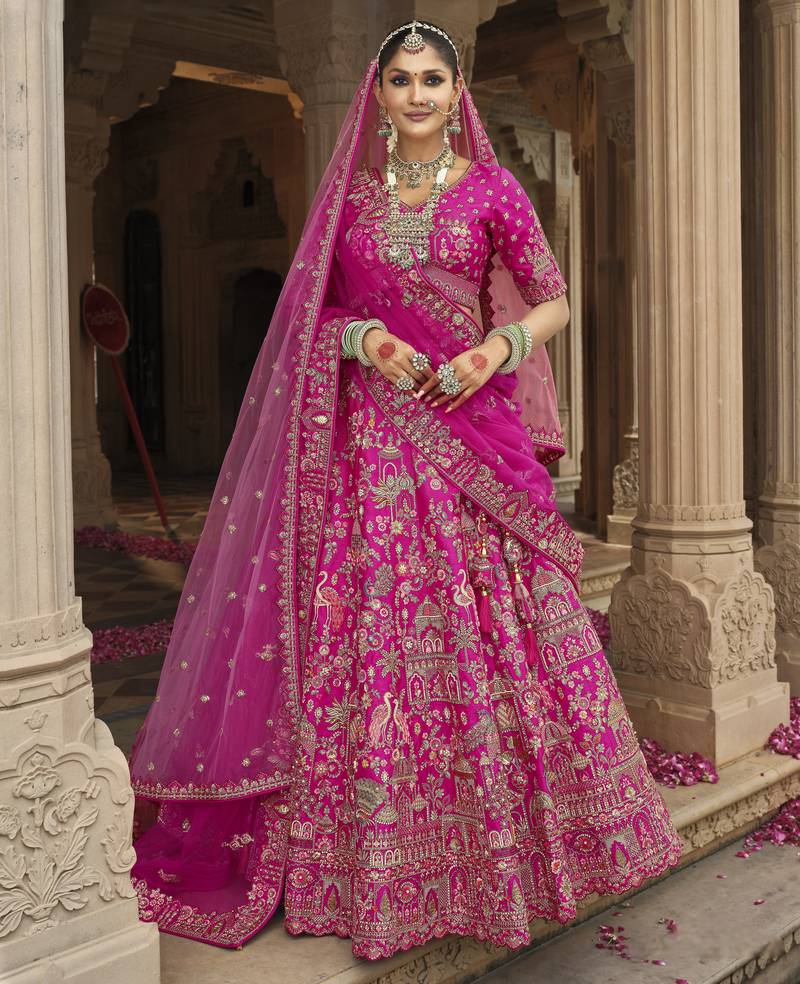 pink Premium Silk Bridal Lehenga with Hand Embroidery & Zarkan Work for wedding