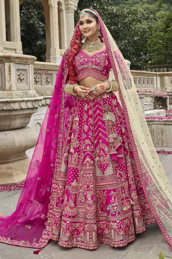 Pink Silk Bridal Lehenga with Hand Embroidery & Zarkan Work for wedding